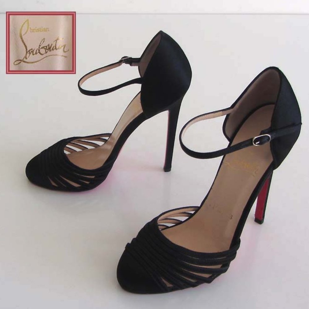 Christian Louboutin Black Satin Ankle-Strap Heels with Red Soles